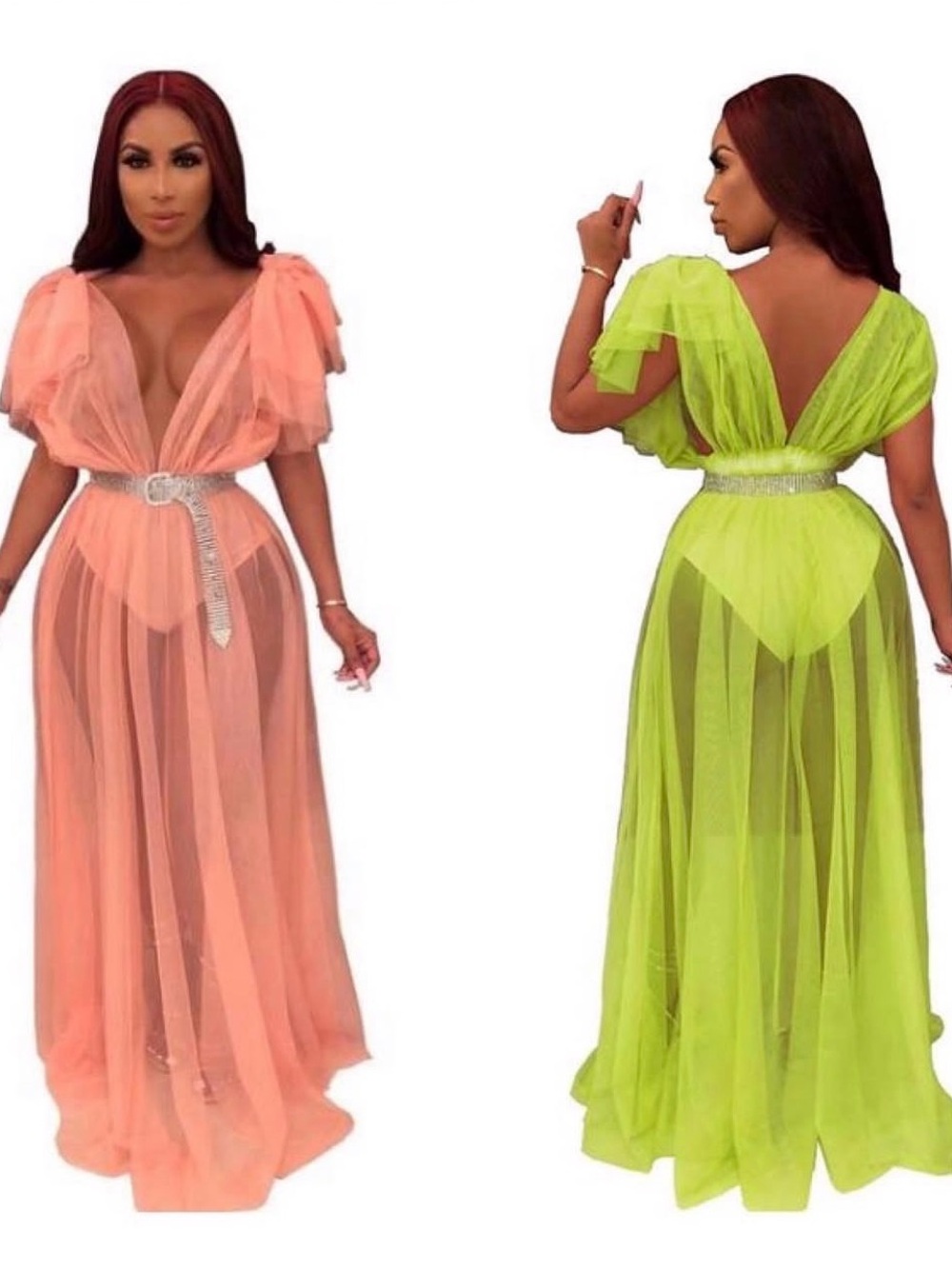 Sheer V-Neck Maxi Dress in Lime - Elegant Overlay Gown